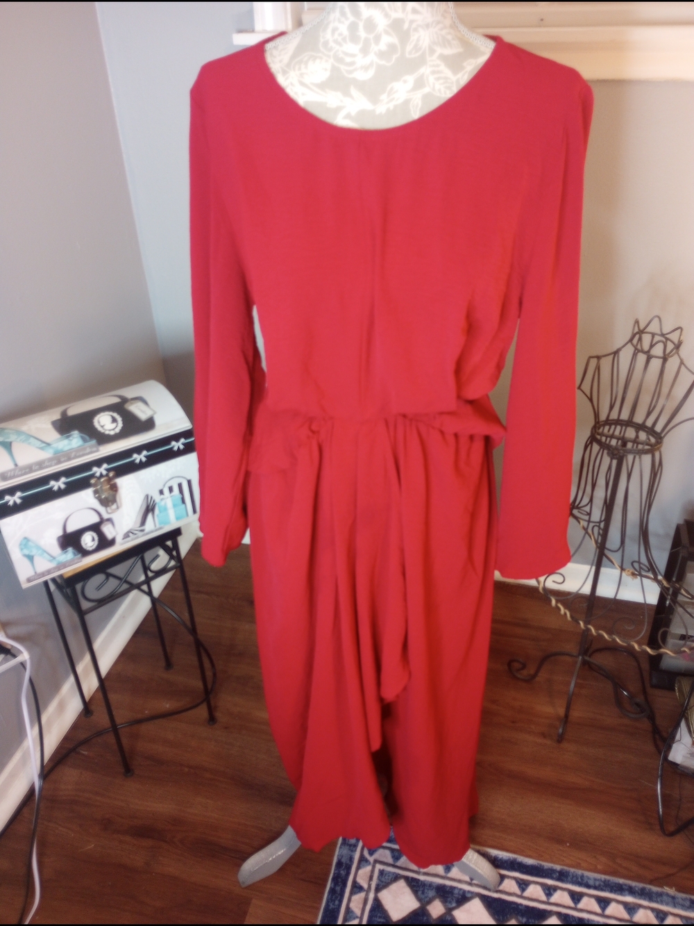 2 For $10 Red Long Sleeve Waist-Detail Wrap Dress - Picture 4 of 10